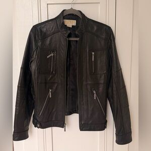 Michael Kors Black Leather Zip-Front Moto Jacket